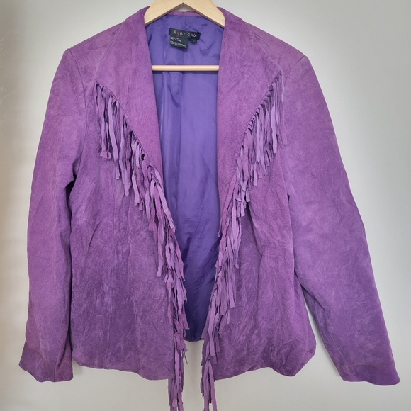 Purple fringe suede leather jacket L - Picture 7 of 11